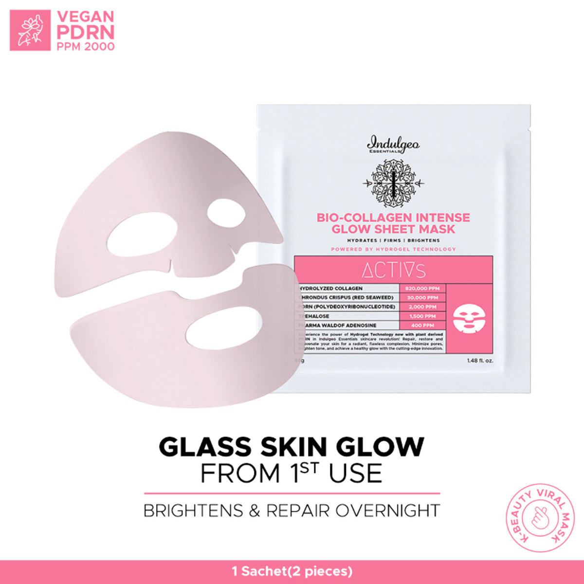 Indulgeo Essentials Ginseng PDRN Enriched Bio Collagen Intense Glow Sheet Mask (44g)