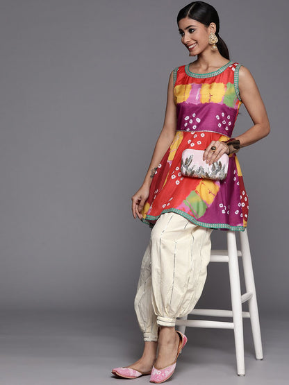 Indyancart VA Women's Multicoloured Bandhani Printed Kurta with Salwar