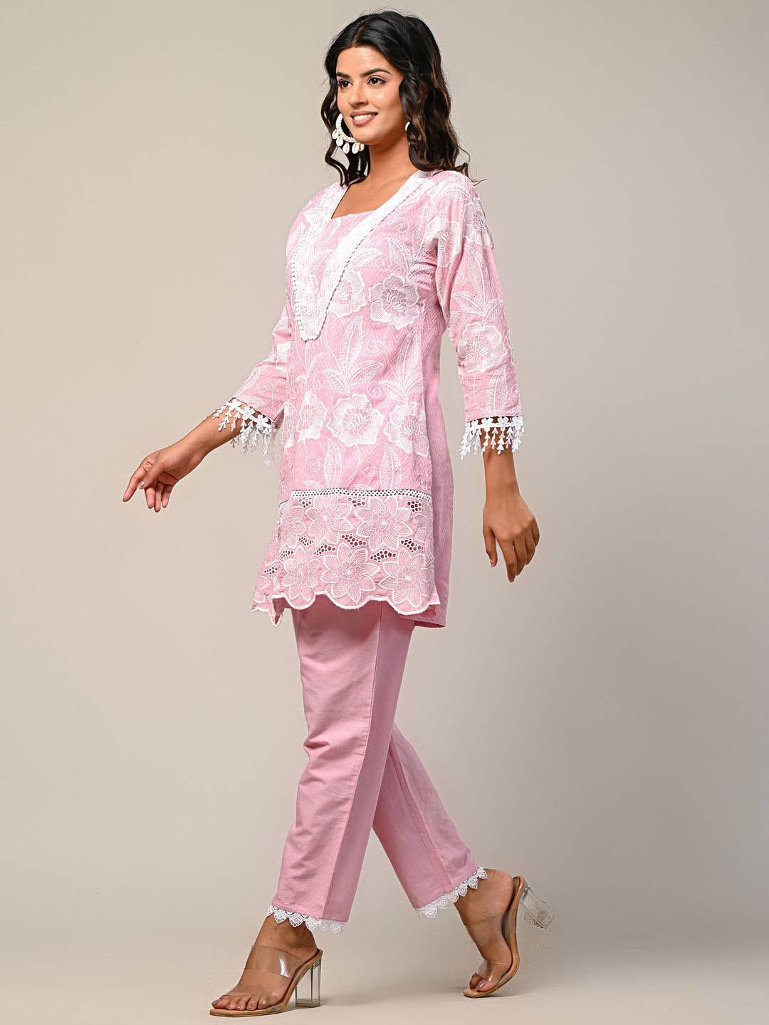 Indyancart IE Embroidered Square Neck Pure Cotton Tunic With Trouser