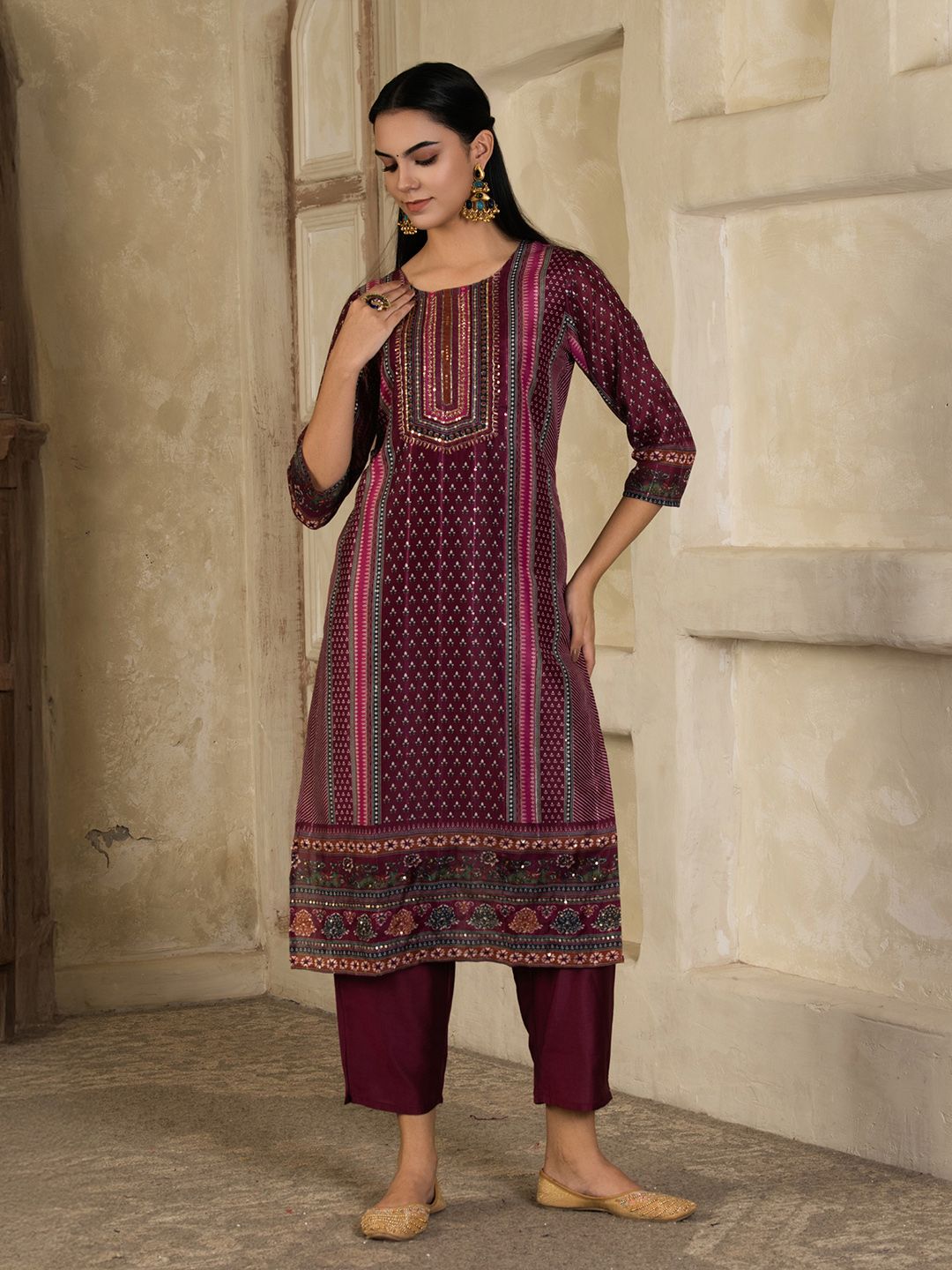 Indyancart SN Women's Floral Printed Round Neck Silk Blend Straight Kurta With Trousers & Dupatta