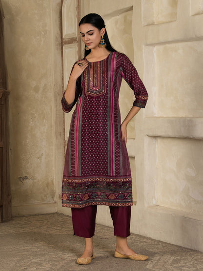 Indyancart SN Women's Floral Printed Round Neck Silk Blend Straight Kurta With Trousers & Dupatta