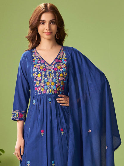 Women Floral Embroidered Cotton Kurta with Trousers & Dupatta