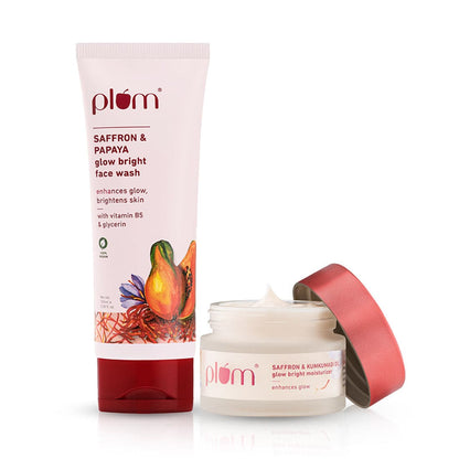 Saffron Glow Bright Cleanse & Moisturize Combo | Face Wash & Moisturizer | With Saffron & Kumkumadi Oil | Enhances Natural Glow & Hydrates Skin | For All Skin Types | 100% Vegan