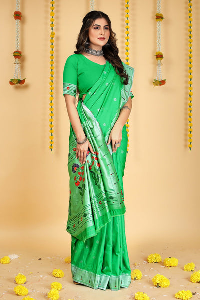 Indyancart GR Women's Mastani 2 Green Zari Paithani Silk Saree