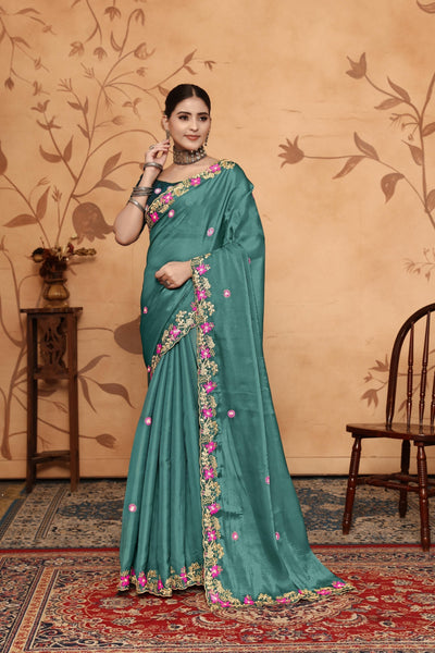 Indyancart GR Women's Armani Teal Jimmi Choo Embroidered Saree