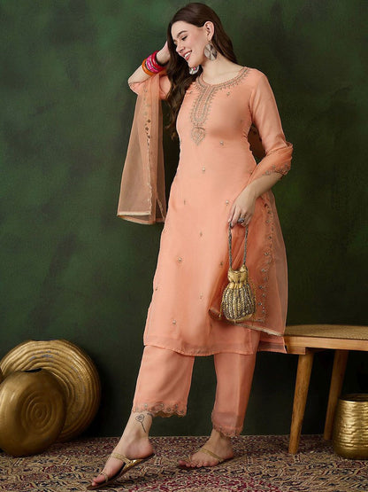 Indyancart SN Women's Peach Floral Embroidered Zari Straight Kurta With Trouser And Dupatta