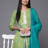 Dhiyona VA Women's Green Floral Printed High Slit Mirror Work Pure Cotton Kurta with Palazzos & With Dupatta