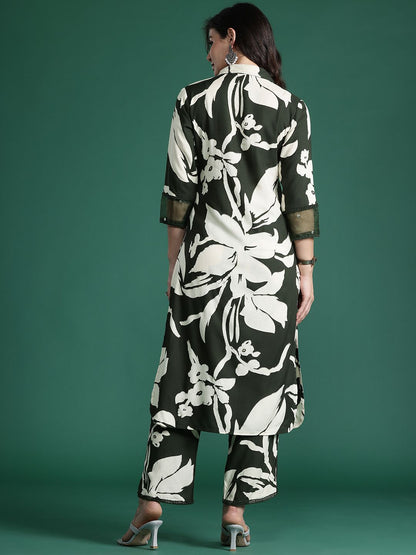 Indyancart IE Floral Printed Sequinned Kurta with Trousers