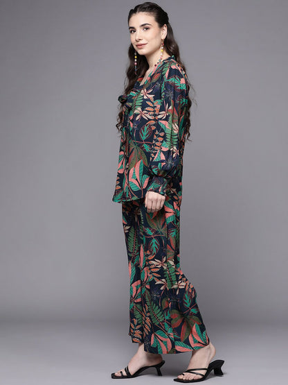 Indyancart IE Women Green & Navy Blue Floral Printed Co-Ords
