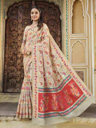 Indyancart GR Women's Kalki Smoke White Woven Modal Silk Kashmiri Banarasi Saree