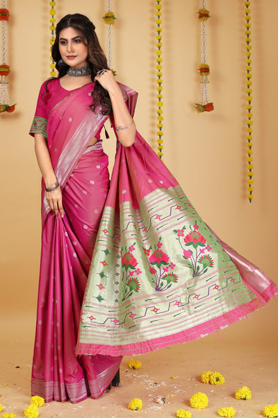 Indyancart GR Women's Mastani Rani Pink Zari Paithani Silk Saree