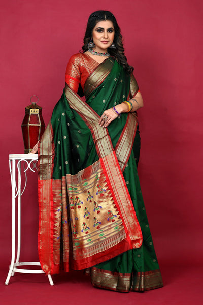 Indyancart GR Women's Anarkali Bottle Green Zari Paithani Silk Saree