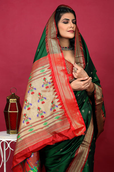 Indyancart GR Women's Anarkali Bottle Green Zari Paithani Silk Saree