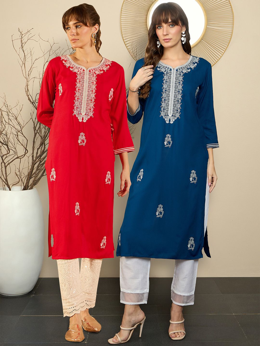 Indyancart IE Pack of 2 Ethnic Motifs Embroidered Straight Kurta