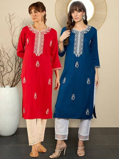 Indyancart IE Pack of 2 Ethnic Motifs Embroidered Straight Kurta