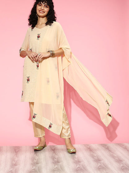 Indyancart IE Women Floral Poly Georgette Bling it On Kurta Set