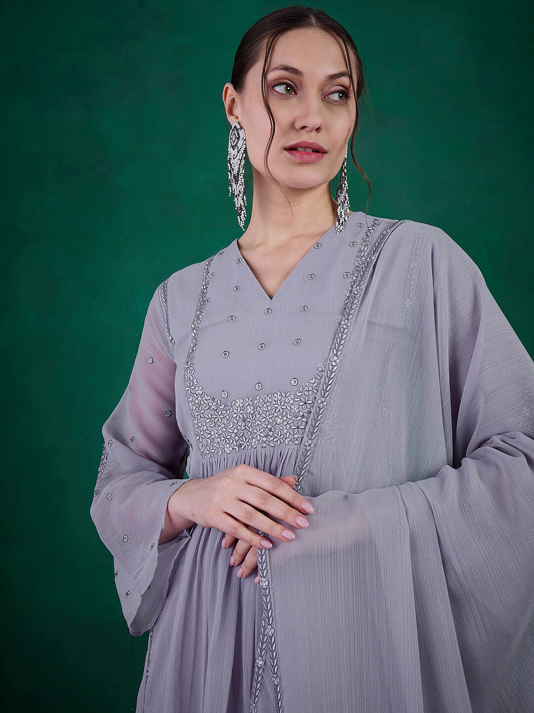 Indyancart SN Women's Floral Embroidered A-Line Kurta With Trouser & Dupatta