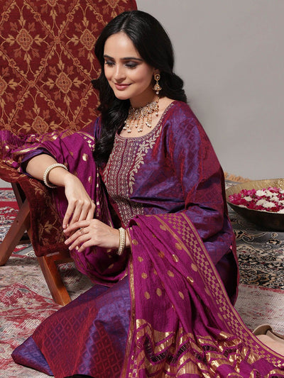 Indyancart VA Women's Zari Embroidered Yoke Geometric Jacquard Kurta with Trouser & Dupatta