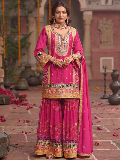 Indyancart IE Floral Embroidered Sequinned Chinon Straight Kurta With Sharara & Dupatta