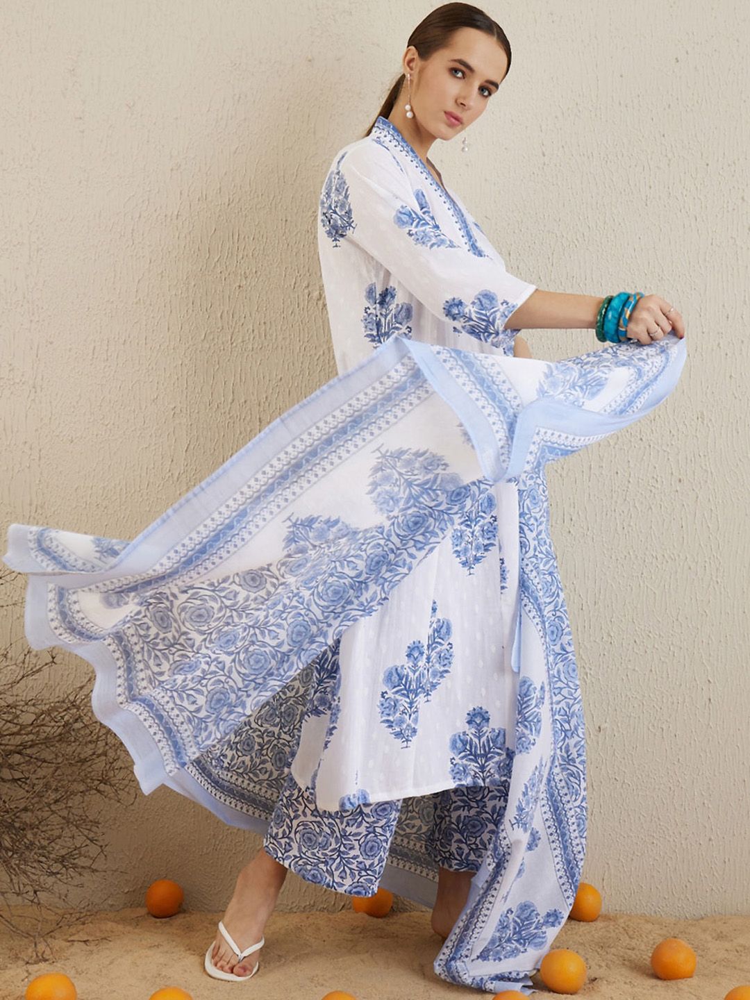 Indyancart IE V Neck Floral Printed Panelled Pure Cotton A-Line Kurta Set