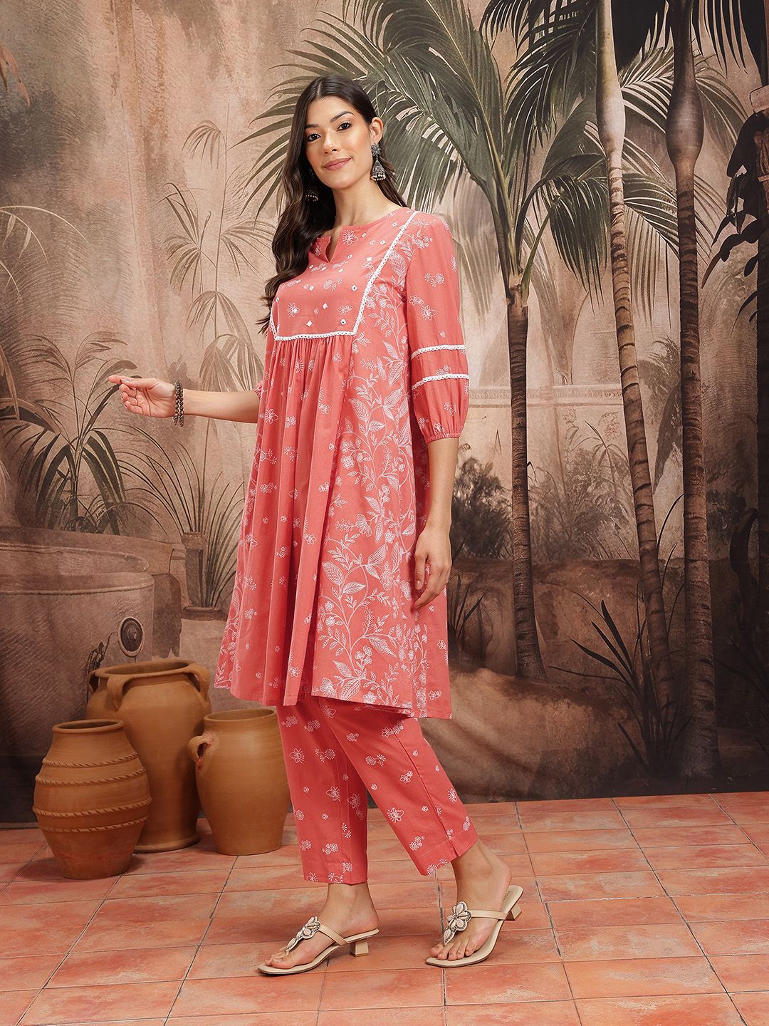 Indyancart SN Women's Floral Printed Pleated Pure Cotton Kurta with Trousers & Dupatta