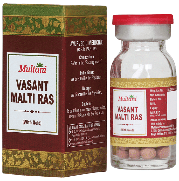 Multani Ayurvedic Multani Vasant Malati Ras with gold tablet, traditional herbal tablets for wellness and health.