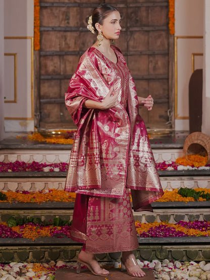 Ethnic Motifs Woven Design Straight Kurta with Trousers & With Dupatta