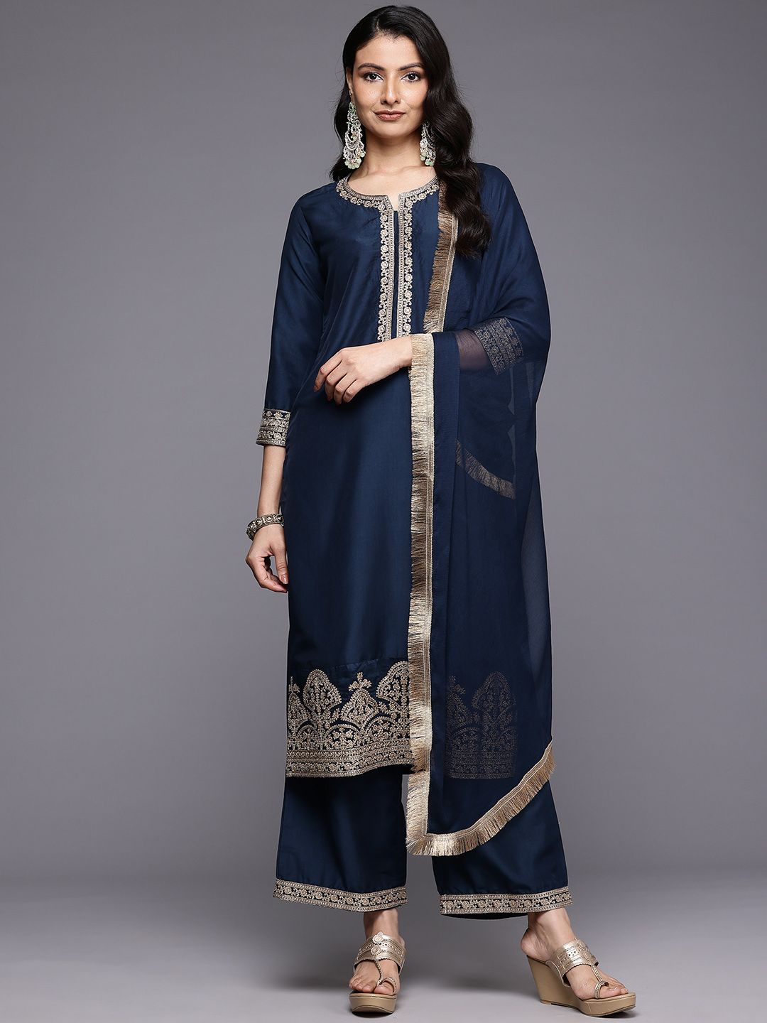 Indyancart VA Ethnic Motifs Embroidered Zari Kurta With Palazzos & Dupatta