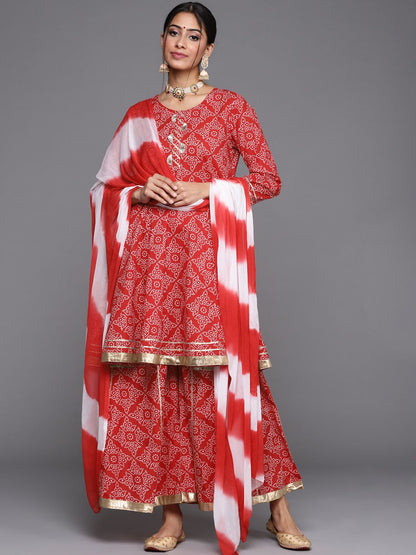 Indyancart VA Women's Red & White Bandhani Printed Anarkali Kurta with Sharara & With Dupatta