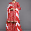 Indyancart VA Women's Red & White Bandhani Printed Anarkali Kurta with Sharara & With Dupatta