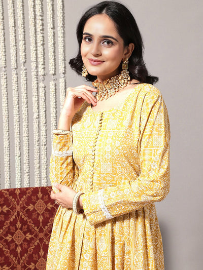 Indyancart VA Women'sEthnic Motifs Printed A-Line Pure Cotton Kurta with Trousers