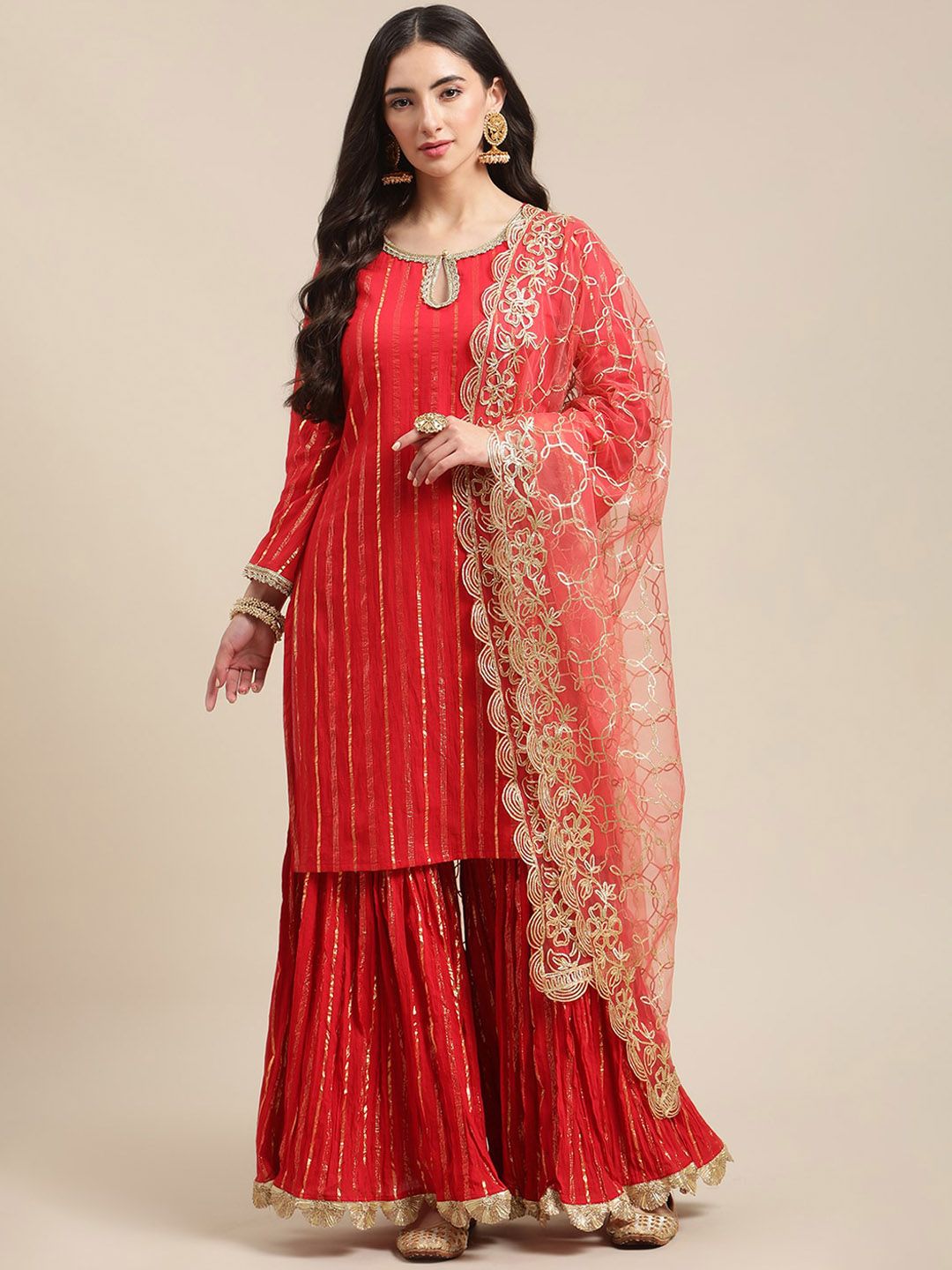 Indyancart VA Women's Red Embroidered Gotta Patti Kurta with Sharara & With Dupatta