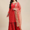 Indyancart VA Women's Red Embroidered Gotta Patti Kurta with Sharara & With Dupatta