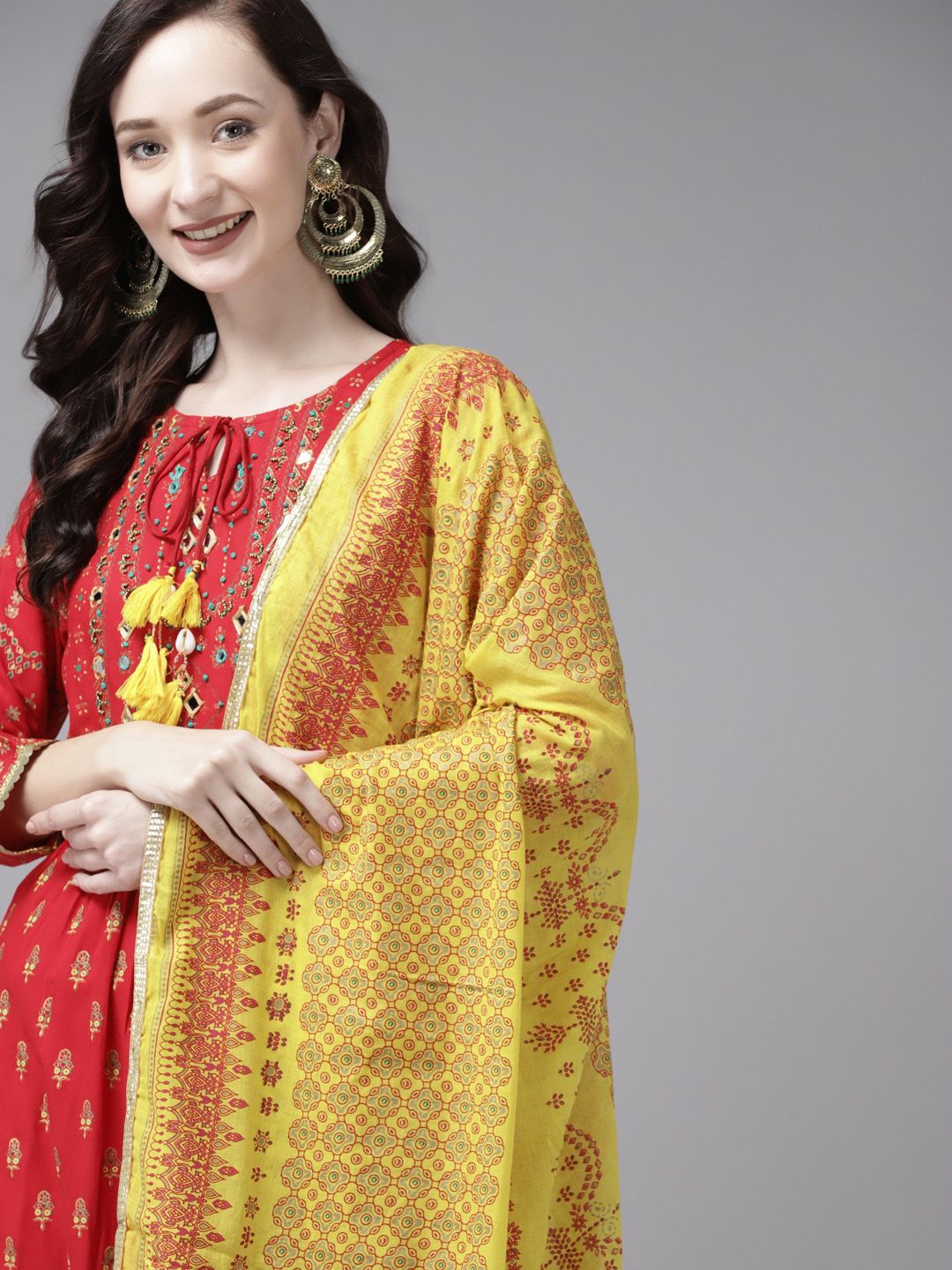 Indyancart IE Women Red Ethnic Motifs Printed Panelled Mirror Work Kurta with Trousers & With Dupatta