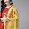 Indyancart IE Women Red Ethnic Motifs Printed Panelled Mirror Work Kurta with Trousers & With Dupatta
