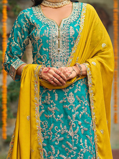 Indyancart IE Zari Ethnic Motifs Embroidered Notch Neck Straight Kurta With Trousers & Dupatta