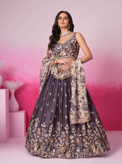 Women Purple Satin silk Sequins embroidery  Lehenga choli & Dupatta
