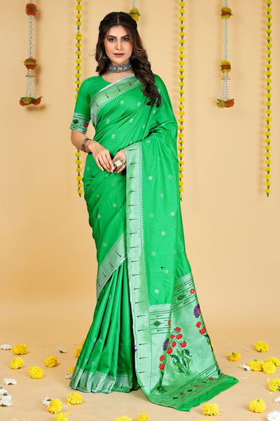 Indyancart GR Women's Mastani 2 Green Zari Paithani Silk Saree