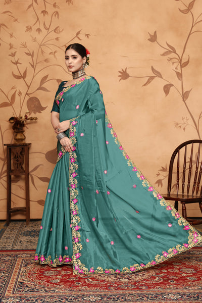 Indyancart GR Women's Armani Teal Jimmi Choo Embroidered Saree