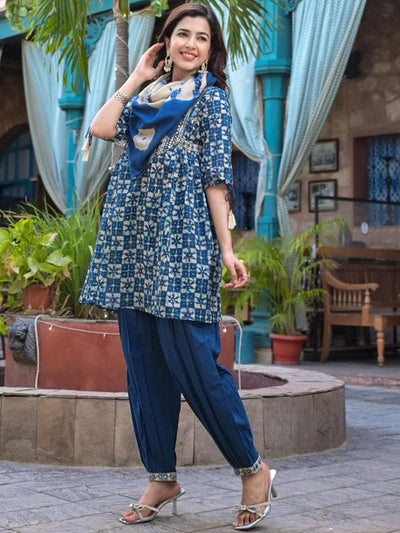 Indyancart VA Women'sMirror Work Yoke Embroidered A-Line Kurta With Tonal Afghan Trouser & Dupatta