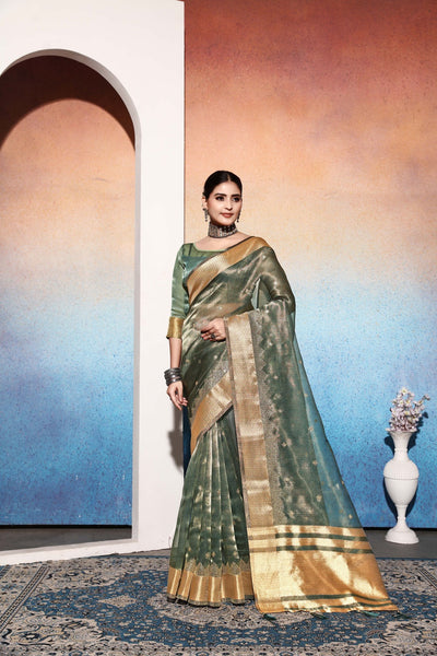 Indyancart GR Women's Kalki Bottle Green Tissue Cotton Silk Saree