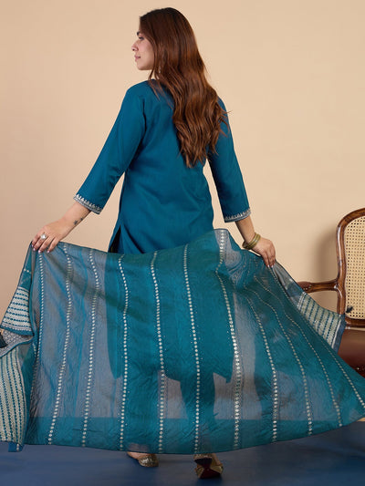 Indyancart VV Teal Elegant Embroidered Kurta Pant Set for Women