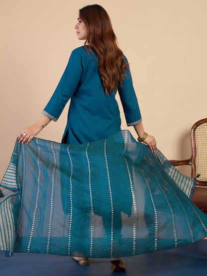 Dhiyona VV Teal Elegant Embroidered Kurta Pant Set for Women