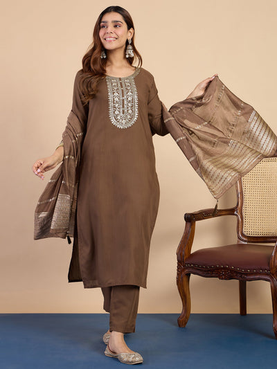 Indyancart VV Brown Elegant Embroidered Kurta Pant Set for Women