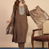 Dhiyona VV Brown Elegant Embroidered Kurta Pant Set for Women