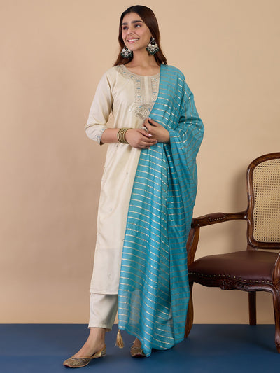 Indyancart VV Cream Women's Designer Kurta Pant Set Premium Pattern Collection