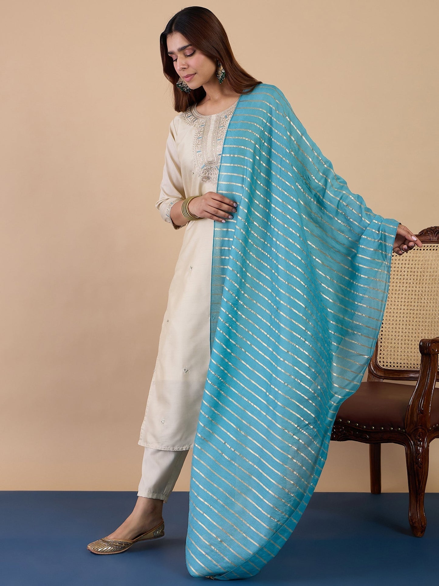 Dhiyona VV Cream Women's Designer Kurta Pant Set Premium Pattern Collection