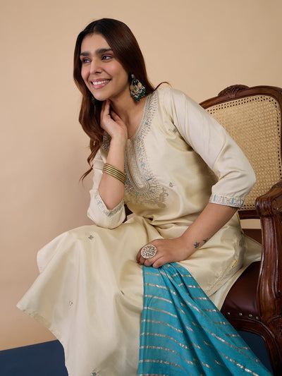 Indyancart VV Cream Women's Designer Kurta Pant Set Premium Pattern Collection