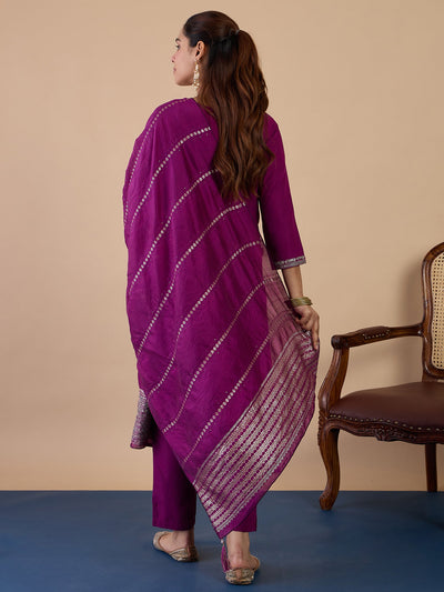 Indyancart VV Purple Womens Traditional Kurta Pant Set with Dupatta