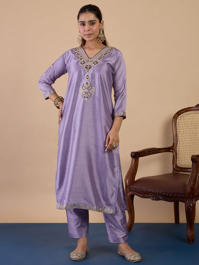 Indyancart VV Lavender Women's Designer Kurta Pant Set Premium Pattern Collection